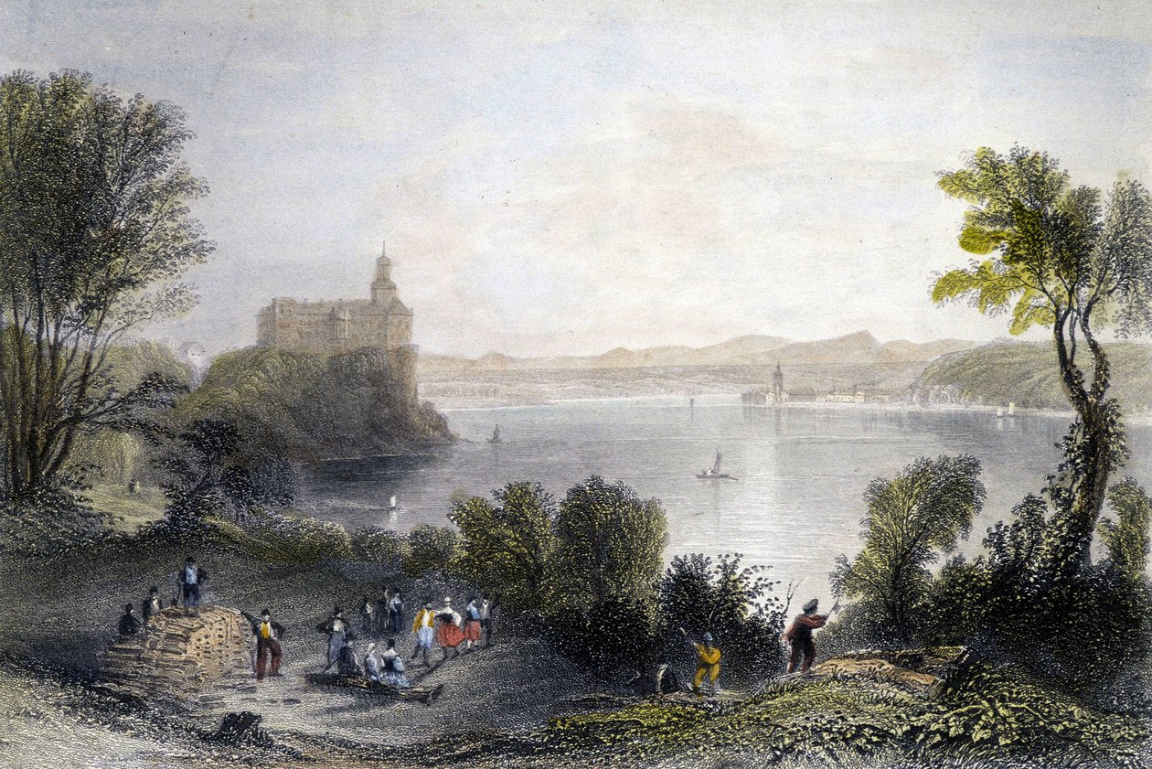 Zamek Persenberg w Niemczech. Na pierwszym planie stolarze przy pracy. Rycina XIX wieku. autorstwa Unknown artist