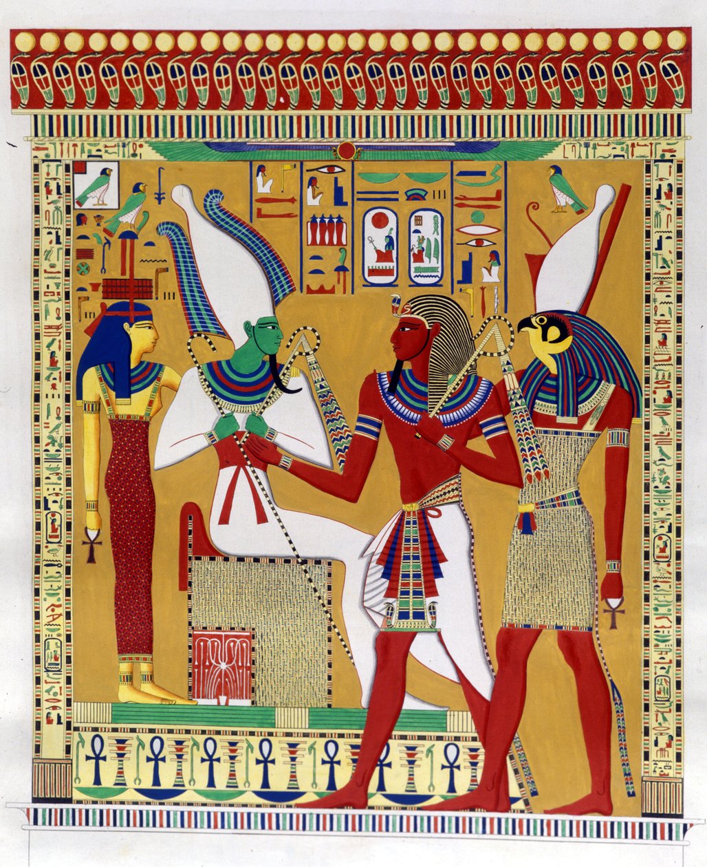 Faraon Merenptah I (lub Mineptah, Merneptah) (1213-1204 pne) prowadzony przez Horusa w obecności Ozyrysa i Athyr infernal. Od lewej: Athyr, Ozyrys, Merenptah I i Horus. (Biban-el-Moluk) - w „Zabytkach Egiptu i Górnej Nubii” autorstwa Ippolito Rosela autorstwa Unknown artist