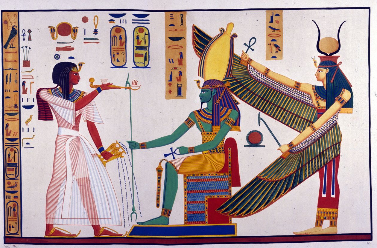 Faraon Ramzes IV składa oferty Ptah-Sokari-Osirisowi. Za Ozyrysem jest Izyda. (Grób Bibah-el-Moluk) - w „Zabytkach Egiptu i Górnej Nubii” Ippolito Roselliniego (Rossellini). autorstwa Unknown artist