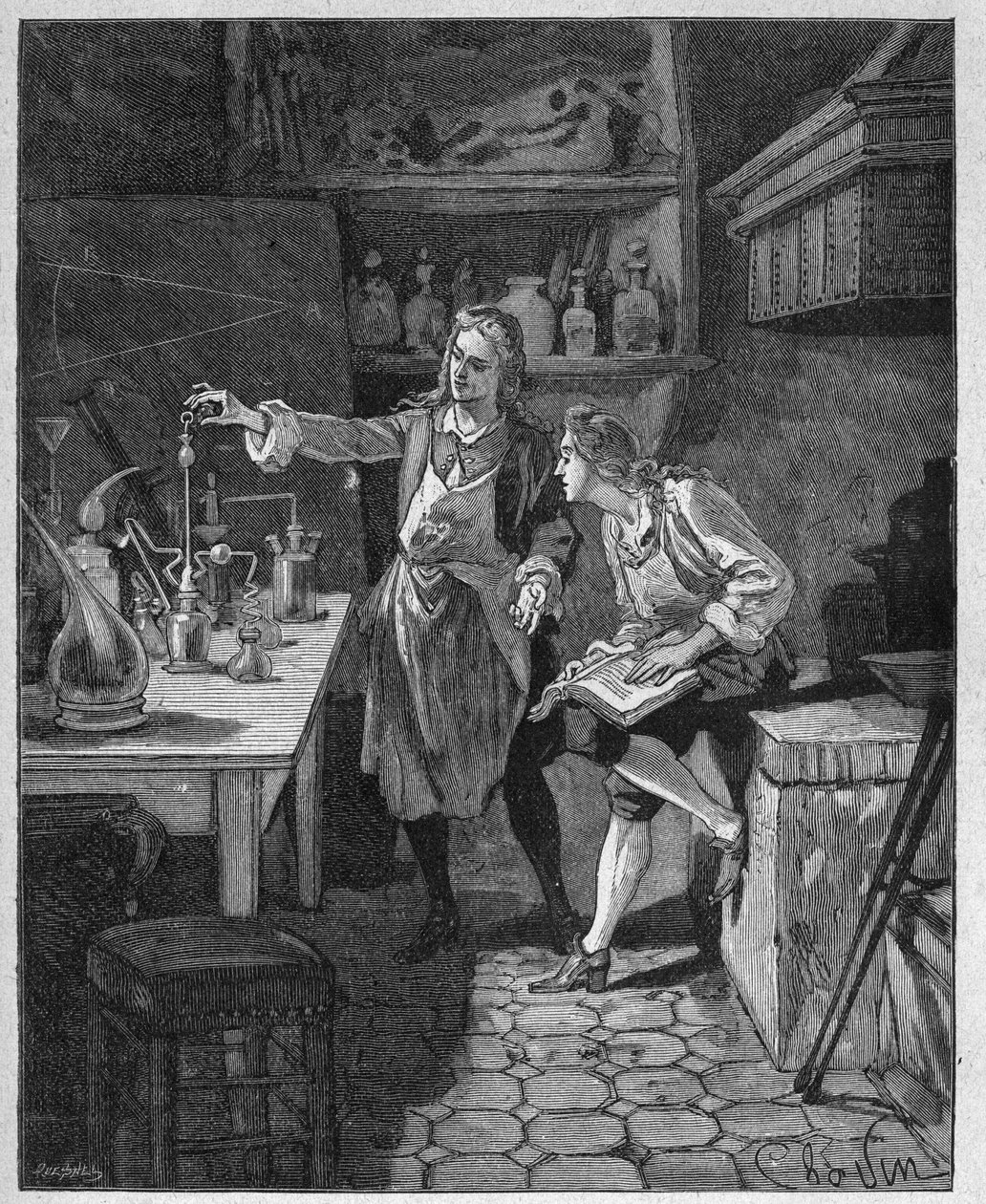 Filip II książę Orleanu (1674-1723) robi chemię z Humbertem. Rycina XIX wieku. W „Histoire de France” Julesa Micheleta autorstwa Unknown artist