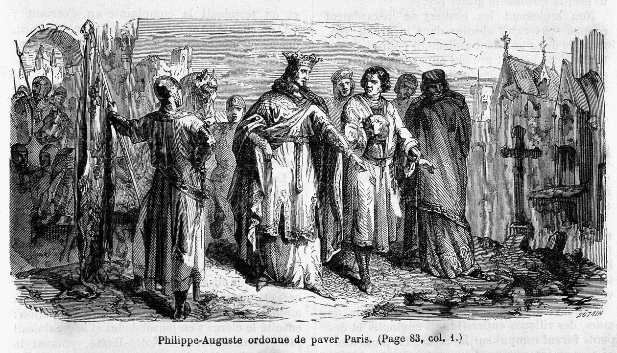 Philippe Auguste zleca brukowanie Paryża w XII wieku - grawerowanie autorstwa Unknown artist