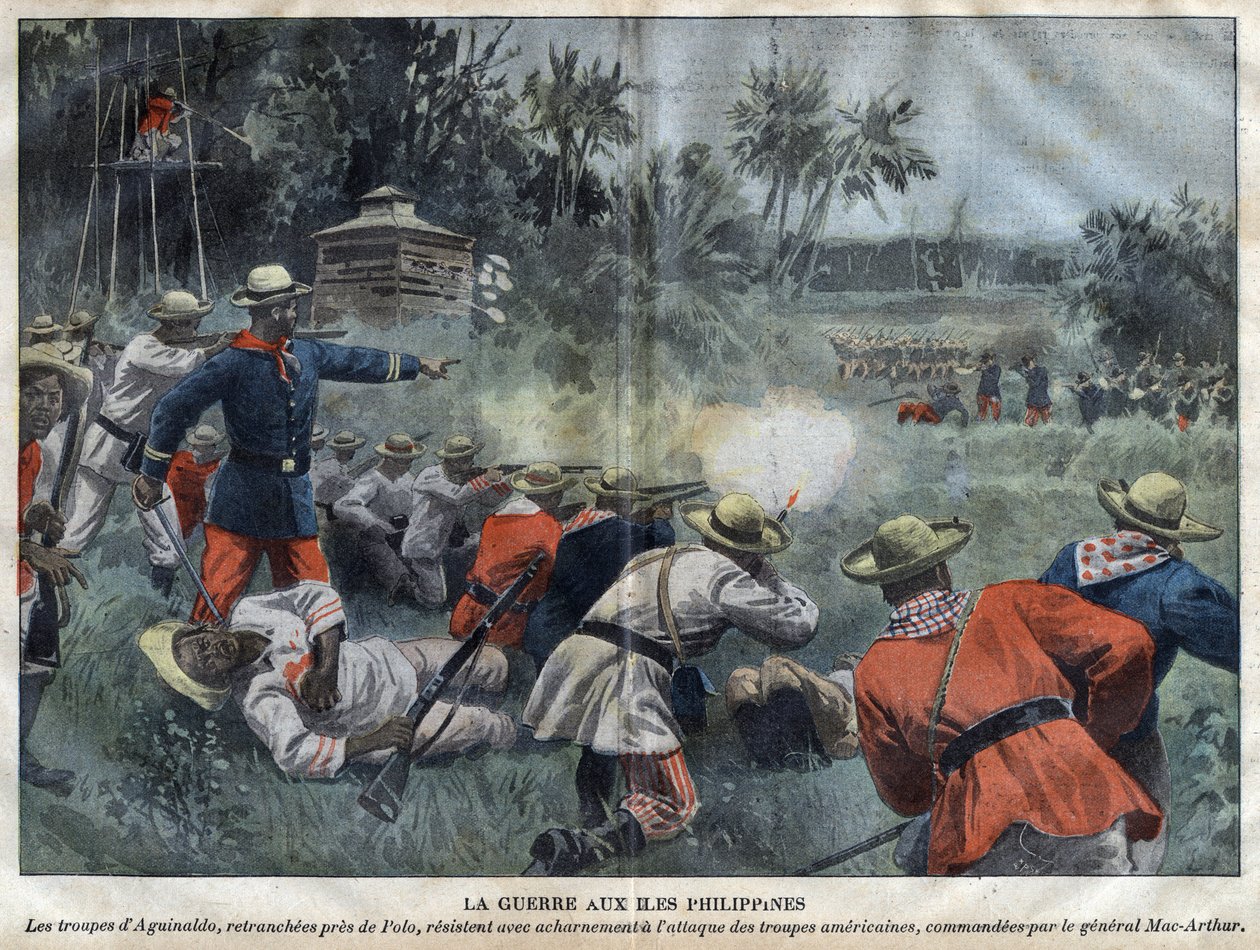 Wojna filipińsko-amerykańska - Wojna amerykańsko-filipińska (Philippine Americano) - wojska Emilio Aguinaldo, odcięte w pobliżu Polo, zaciekle opierają się atakowi wojsk amerykańskich dowodzonych przez generała Mac-Arthura - rycina w „Le-Pelerin” z 1899 r. autorstwa Unknown artist