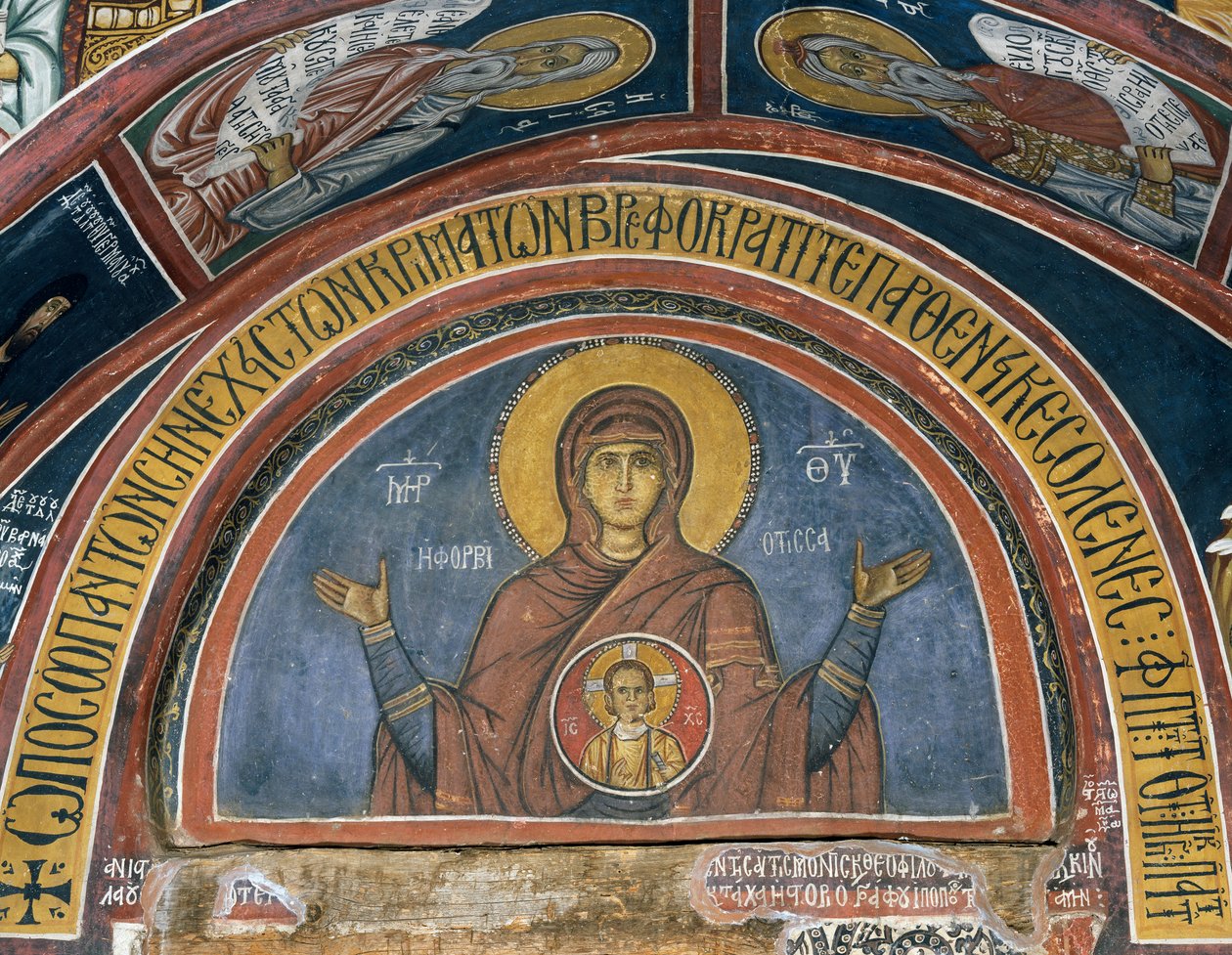 Phorbiotissa Panagia, Matka Boża Chrystusowa w Medalionie, fresk (1332-1333), bizantyjski kościół Matki Bożej z Asinou (XII w.) (Lista Światowego Dziedzictwa UNESCO, 2001), góry Troodos, Cypr autorstwa Unknown artist