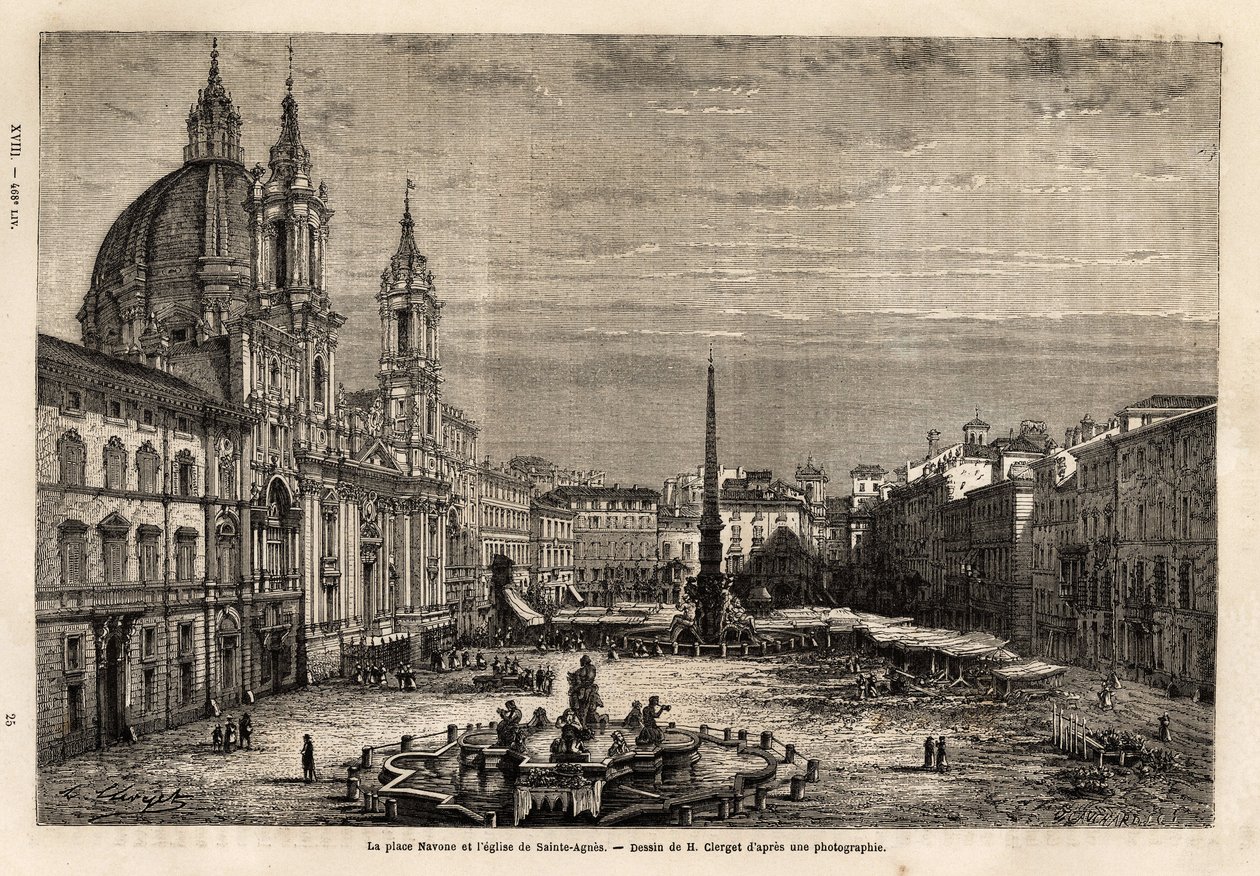 Piazza Navona, zbudowany na ruinach stadionu Domicjana z I wieku, jest dumą barokowego Rzymu, z fontanną 4 rzek, wybudowaną w latach 1648-1651 według projektu Berniniego (1598-1620) i kościół św. Agnieszki, batie bet autorstwa Unknown artist