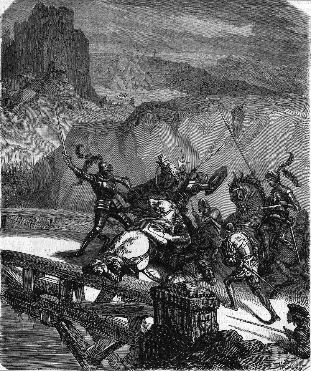 Pierre Terrail, lord Bayard, broniący mostu Garigliano (Włochy) w 1503. Rycina z XIX wieku. autorstwa Unknown artist