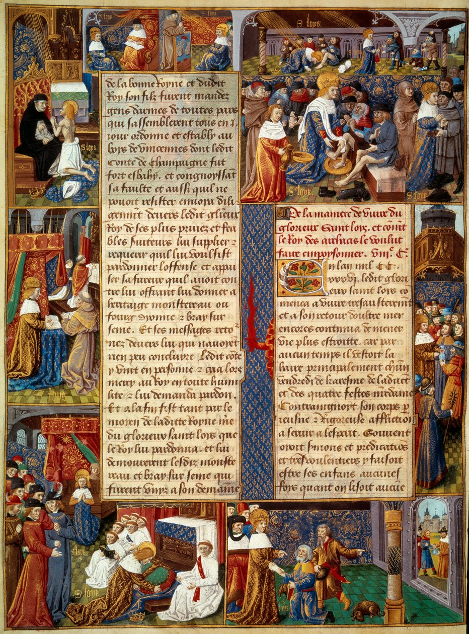 Scena Piete: „”Król Ludwik IX (1214-1270) (św. Ludwik) myjący nogi ubogim, modlący się król i sceny chrześcijańskiego miłosierdzia od króla” „Miniatura z rękopisu” „Księga faktów prałata św. Ludwika”” XV wiek. Paryż, B.N autorstwa Unknown artist