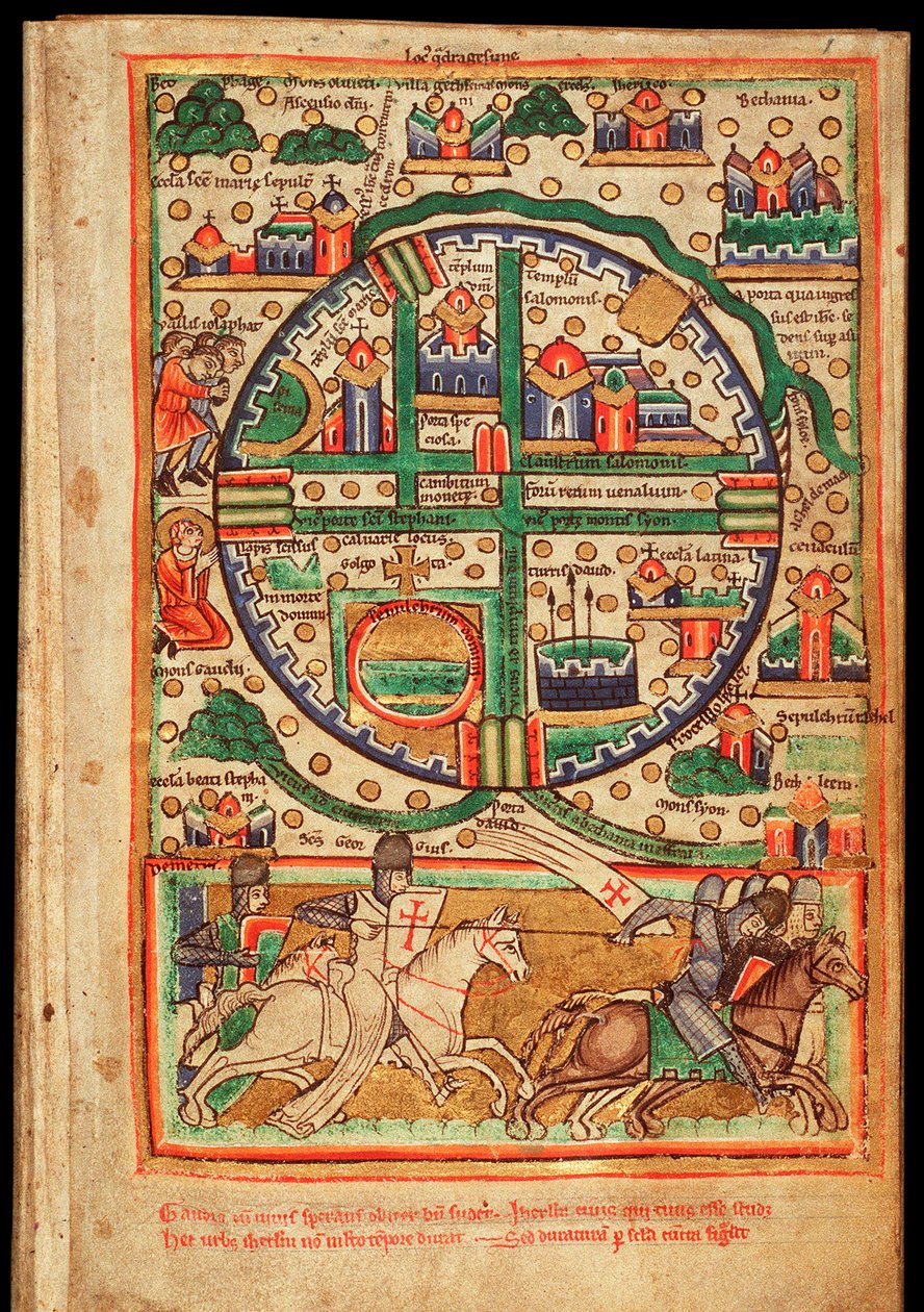 Plan Jerozolimy (Izrael) - Akwarela na pergaminie, wyciąg z rękopisu psałterza, ok. 1200 - Plan Jerozolimy, fragment psałterza Akwarela na pergaminie, ok. 1200 - Koninklijke Bibliotheek, Haga autorstwa Unknown artist