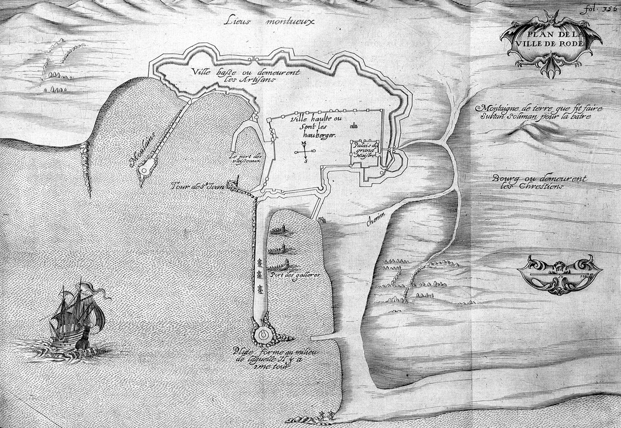 Plan Rodos (Rodos) - w „Podróży de levant dokonanej na polecenie króla w roku 1621””, zredagowanej w 1629 r. (za panowania Ludwika XIII Le Juste) autorstwa Unknown artist