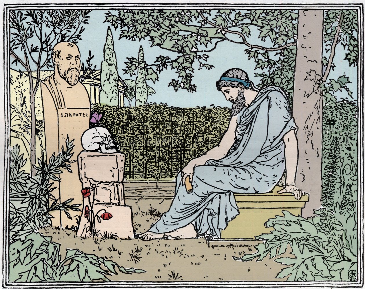 Platon medytujący nad nieśmiertelnością przed Sokratesem, motylem, czaszką i makiem około 400 rpne - Platon medytujący nad nieśmiertelnością przed Sokratesem, motylem, czaszką i makiem około 400 rpne Grawerowanie XIX wieku autorstwa Unknown artist