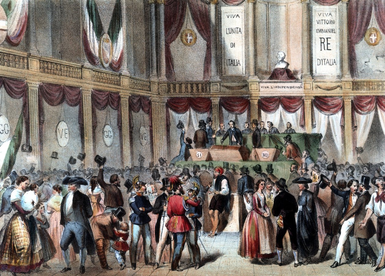 Plebiscyt na aneksję Królestwa Neapolu do Włoch w 1860 roku. W tle: Viva Vittorio Emmanele (Victor Emmanuel) Re D
