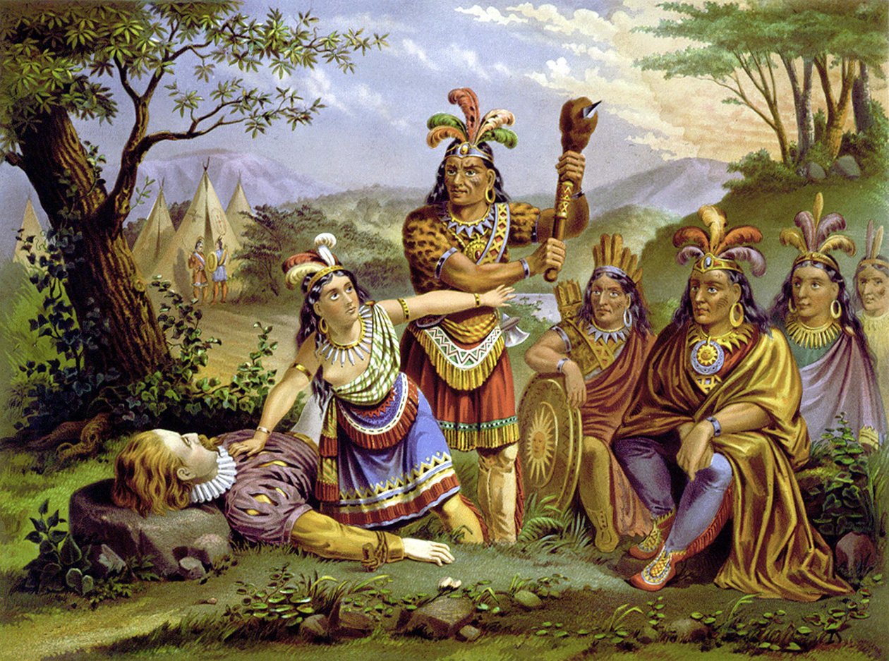 Pocahontas uratował kapitana Johna Smitha. Chromolitografia około 1870 r. autorstwa Unknown artist