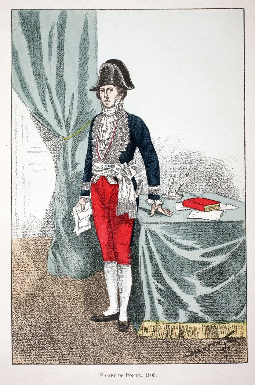 Prefekt policji (1800). Akwaforta w kolorach, dla ilustracji „Historia korpusu sił pokojowych””” książka wydana pod patronatem Louisa Lepine’a (1846-1933) prefekta policji nad Sekwaną, autorstwa Alfreda Reya (1864-?) i Louisa Ferona (1862) -?), wyd autorstwa Unknown artist