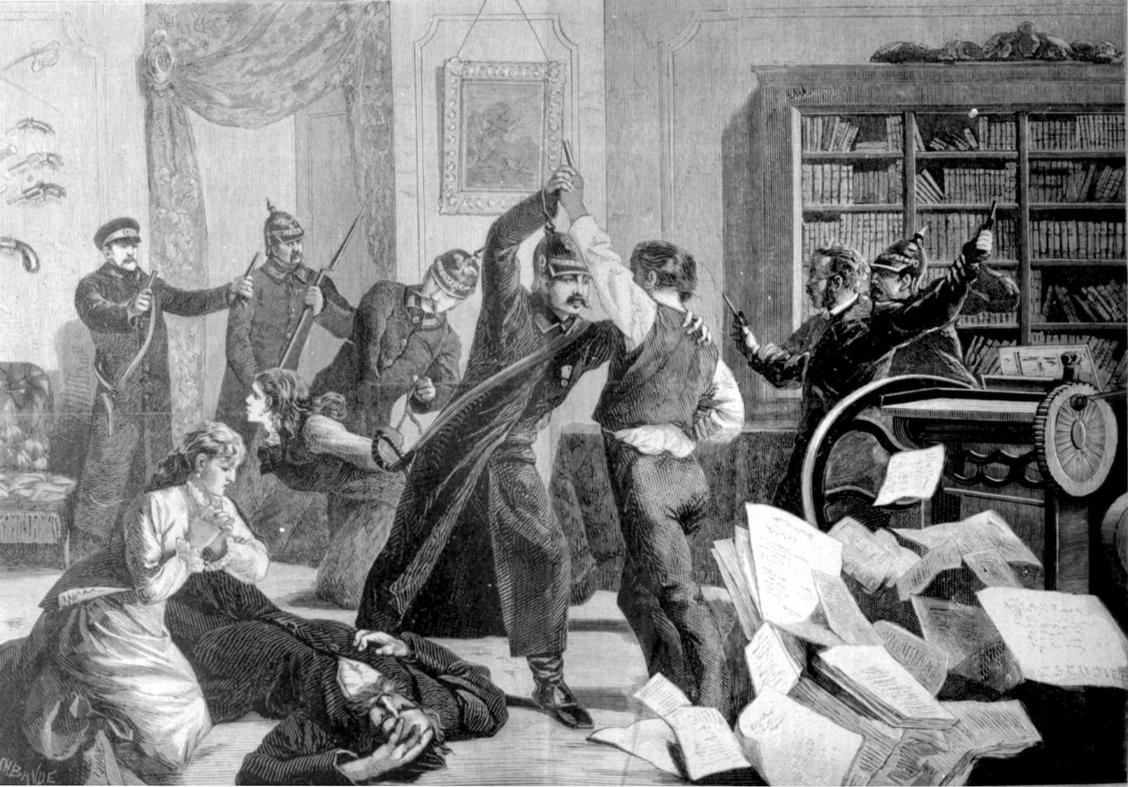 Policja włamała się do domu przy ulicy Sapernaya (St. Petersburg), gdzie potajemnie drukowana jest nihilistyczna gazeta „Wola Narodowa”. autorstwa Unknown artist