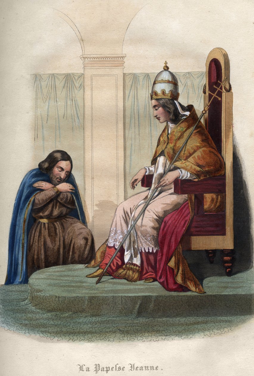 Papież Joanna, który panował między 855 a 858 rokiem, nosi papieskie szaty. Papess Jeanne (pontyfikat od 855 do 858) w stroju pontyfikalnym. Rycina z 1842 roku w „Histoire des Popes” Maurice