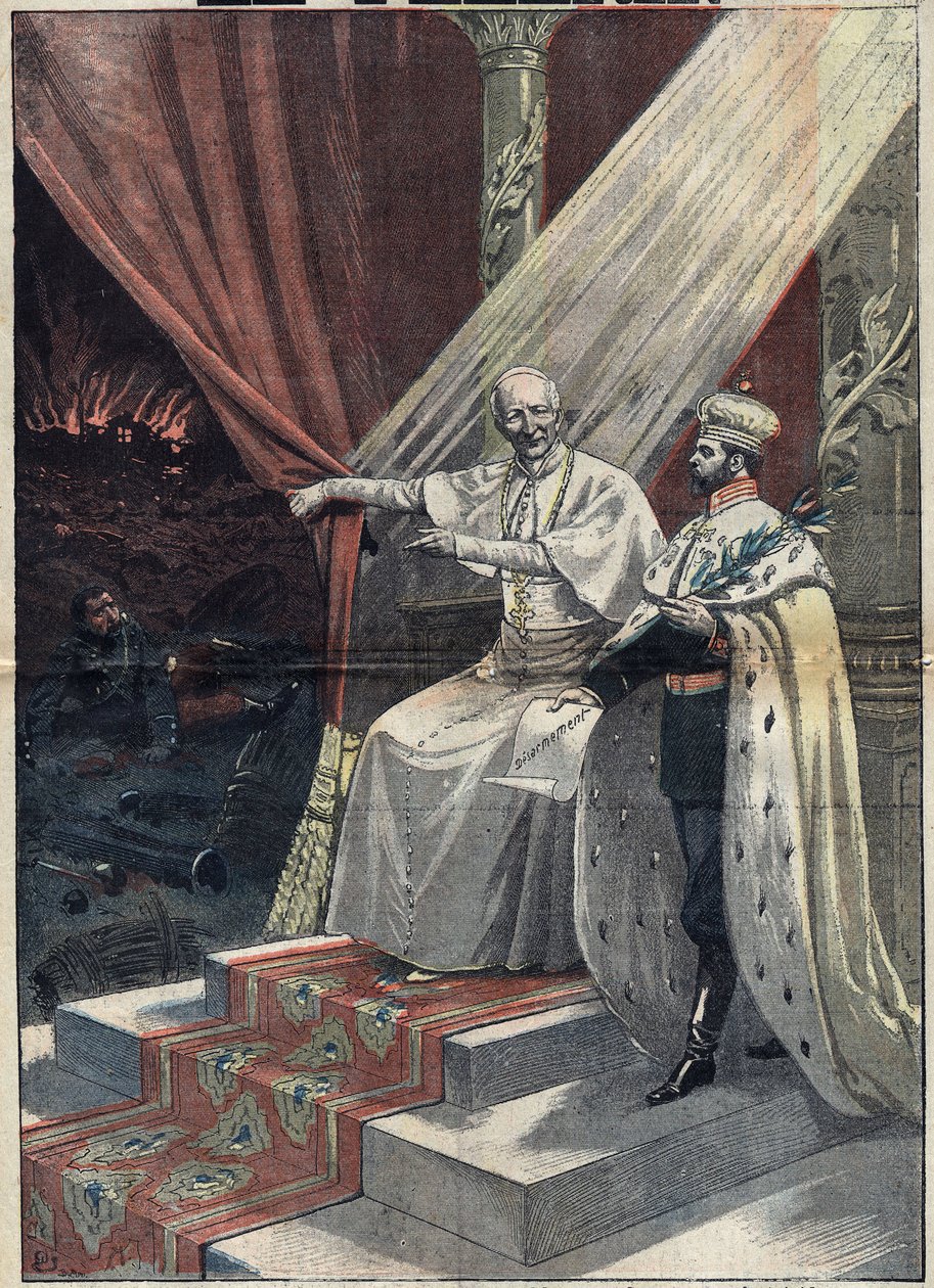 Papież Leon XIII (1810-1903) ukazujący rosyjskiemu carowi Mikołajowi II (1868-1918) okropności wojny. Ten ostatni proponuje następnie rozbrojenie. Ilustracja w „Le Pelerin” z 11 września autorstwa Unknown artist