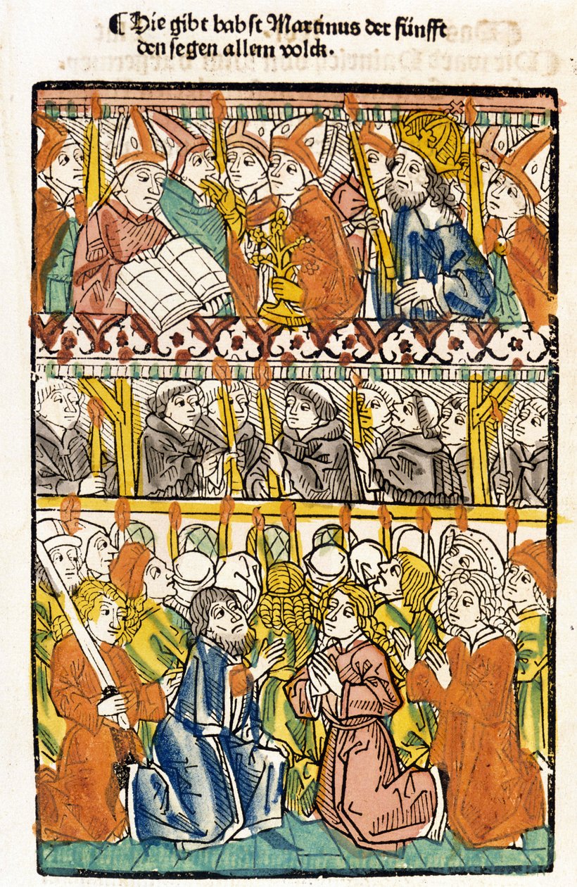 Papież Marcin V (1368 - 1431) wybrany na soborze w Konstancji (1417) przez zakończenie wielkiej schizmy Zachodu dokonuje błogosławieństwa. „Das concilium” autorstwa Unknown artist
