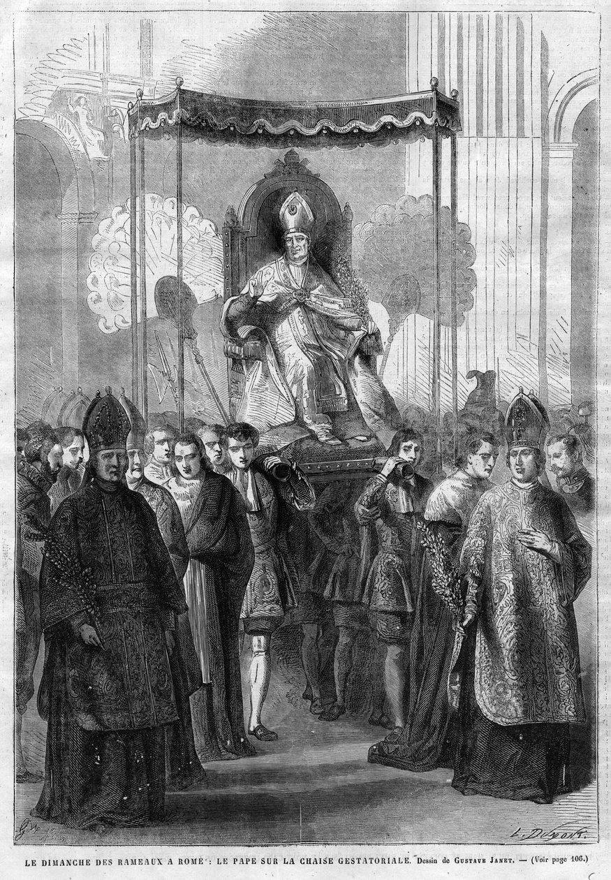 Papież Pius IX (1835-1914) na sedia gestatoria - Niedziela Palmowa w Rzymie: Papież Pius IX (Pius Pio 9) na krześle gestatorialnym - rysunek Gustave Janet - Pamiętnik ilustracyjny z 1868 roku autorstwa Unknown artist