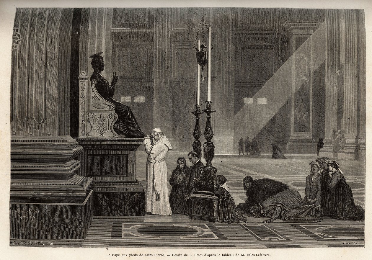Papież Pius IX (pio 9) (1792-1878) zebrany u stóp figury św. Piotra, przy wejściu do Bazyliki w Watykanie. Grawerunek ilustrujący historię Rzymu, autorstwa Francisa Weya, w latach 1864-1868, opublikowany w „”le tour du monde””, pod redakcją D