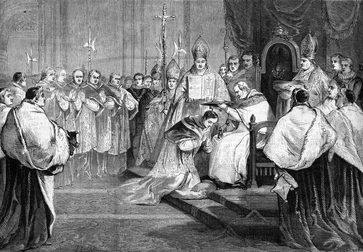 Papież Pius IX przekazuje kapelusz kardynalski księciu Lucienowi Bonaparte w 1868 roku. autorstwa Unknown artist