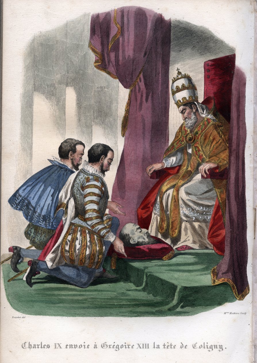Papież Grzegorz XIII (1502-1585) otrzymuje głowę Gasparda de Coligny (1519-1572), zamordowanego podczas masakry w dniu św. Bartłomieja w 1572 roku, jako dar od króla Francji Karola IX (1550-1574). autorstwa Unknown artist