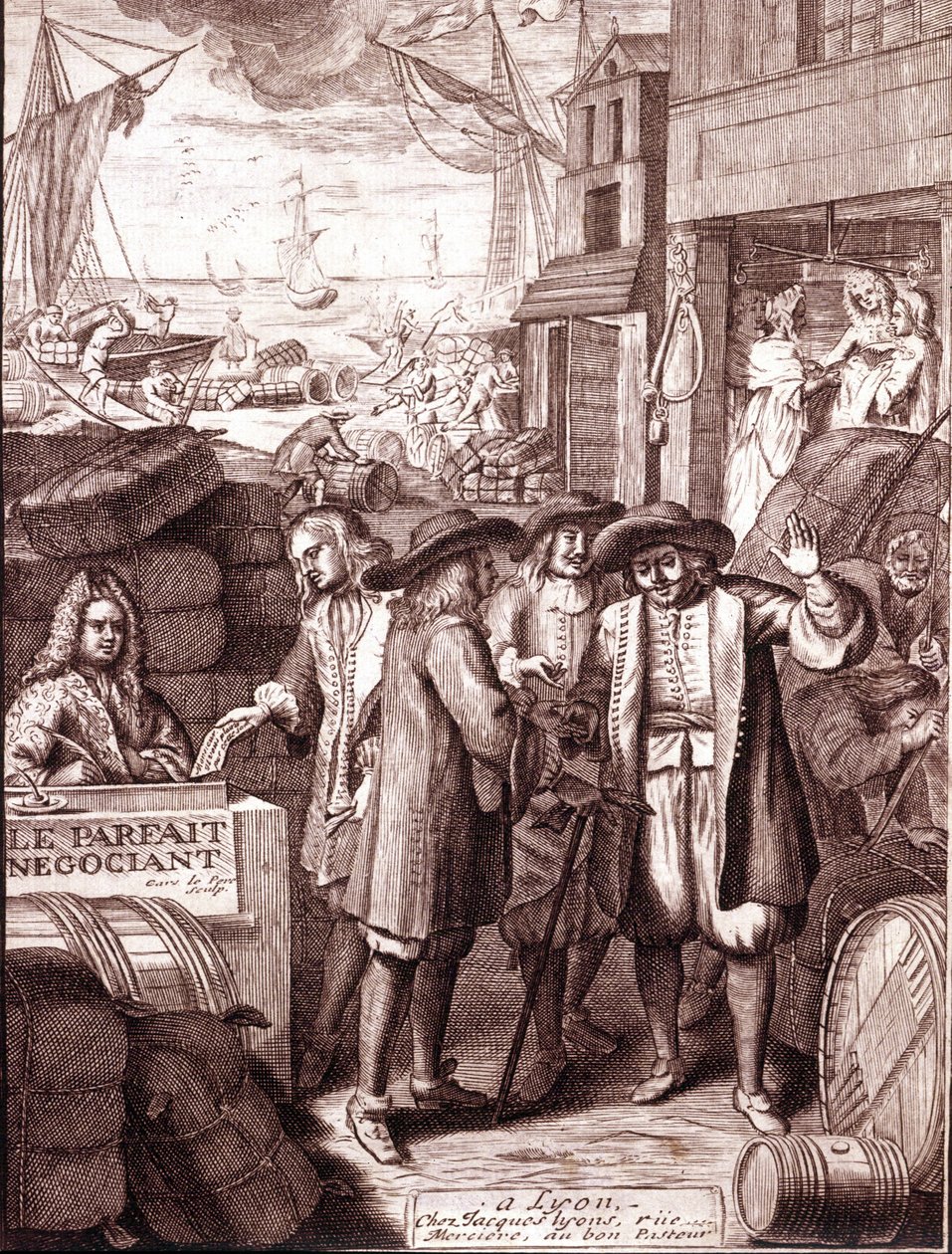 Handlarze portowi rozmawiają ze sobą. Grawerowanie z XIX wieku. autorstwa Unknown artist