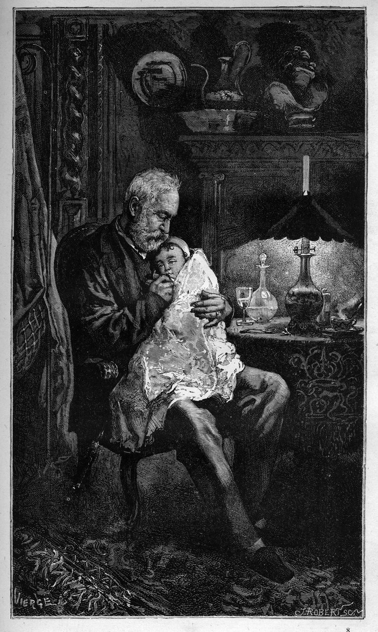 Portret Victora Hugo, siedzącego z wnuczką Jeanne - grawerowanie z „” Straszny rok”” („Straszny rok”) - Hugo et l
