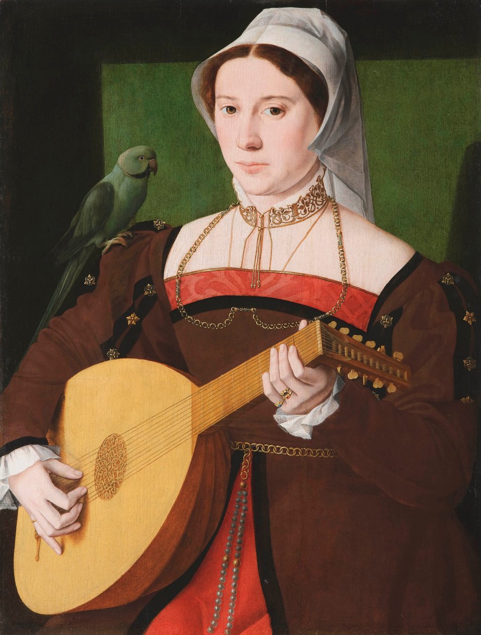 „Portret kobiety grającej na lutni, z papugą na ramieniu” Anonimowy obraz ok. 1540 Olej na drewnie, 70x55 - Fondation Custodia autorstwa Unknown artist
