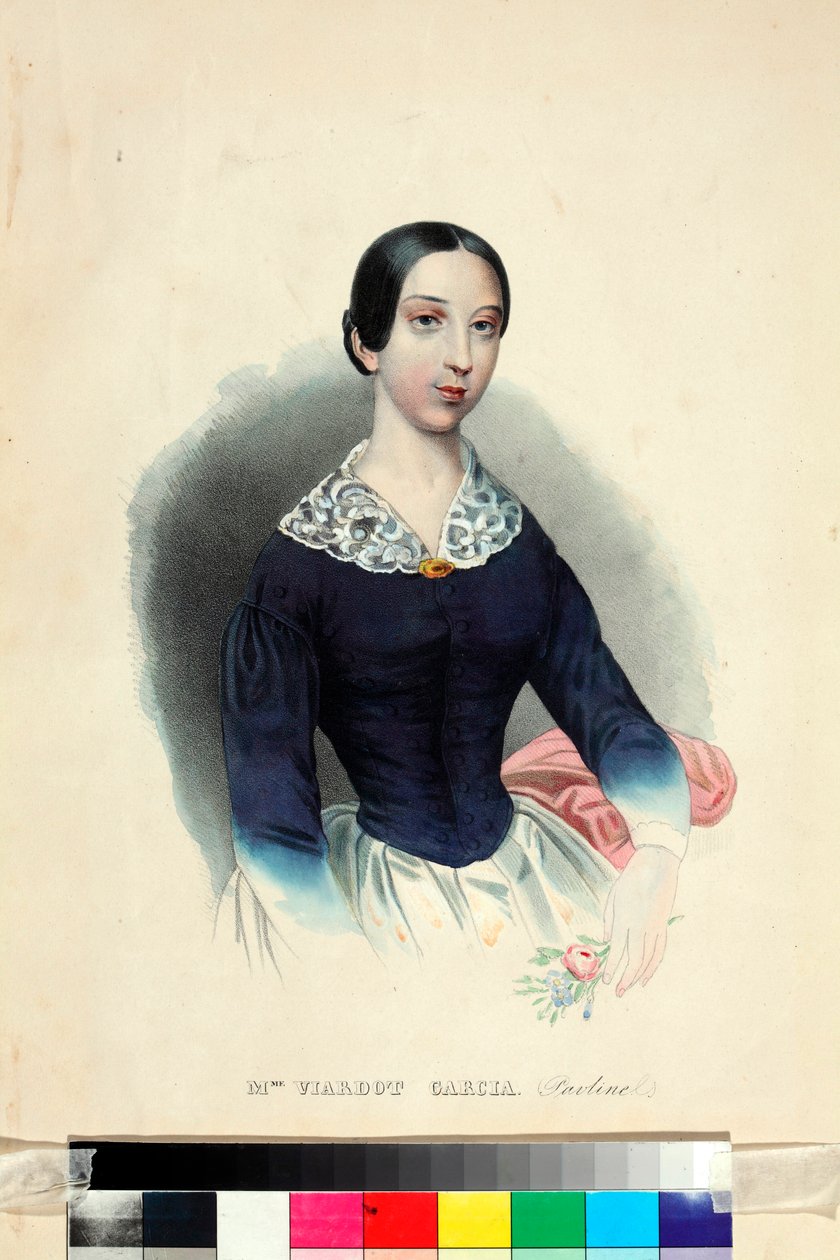 ""Portret piosenkarki i kompozytorki Pauliny Viardot (1821-1910)"" (Portret piosenkarki i kompozytorki Pauliny Viardot (1821-1910)) Anonimowa akwarela około 1840 r. Ciemna 44,5x31,5 cm I Muzeum Pamięci Turgieniewa, Moskwa autorstwa Unknown artist