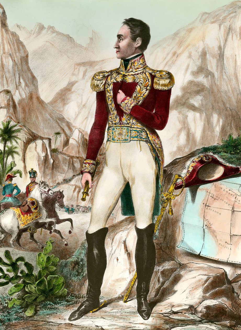Portret en pied de Simon Bolivar (1783-1830) generał południowoamerykański Rycina XIX wieku. Prywatna kolekcja autorstwa Unknown artist