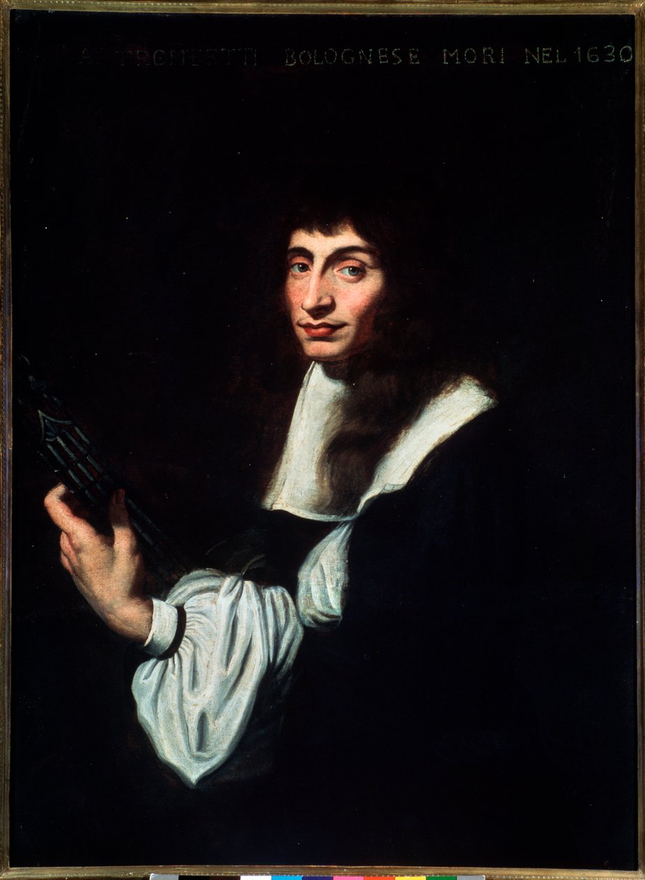 Portret Agostino Trombetti (XVII w.) włoskiego gitarzysty i piosenkarza Anonimowy obraz. XVII wiek. Bolonia, civico Museo Museo autorstwa Unknown artist