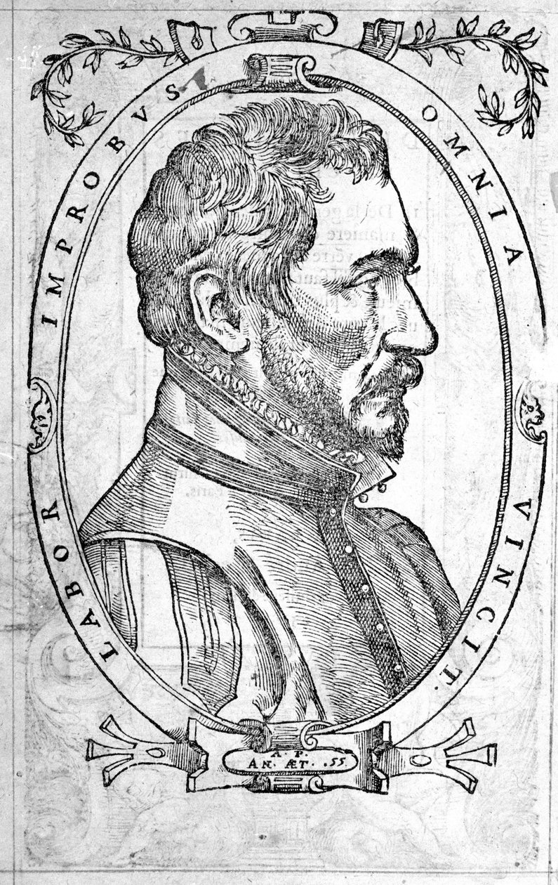 Portret Ambroise Pare, francuskiego lekarza i chirurga (1509-1590) Rycina z XVI wieku autorstwa Unknown artist