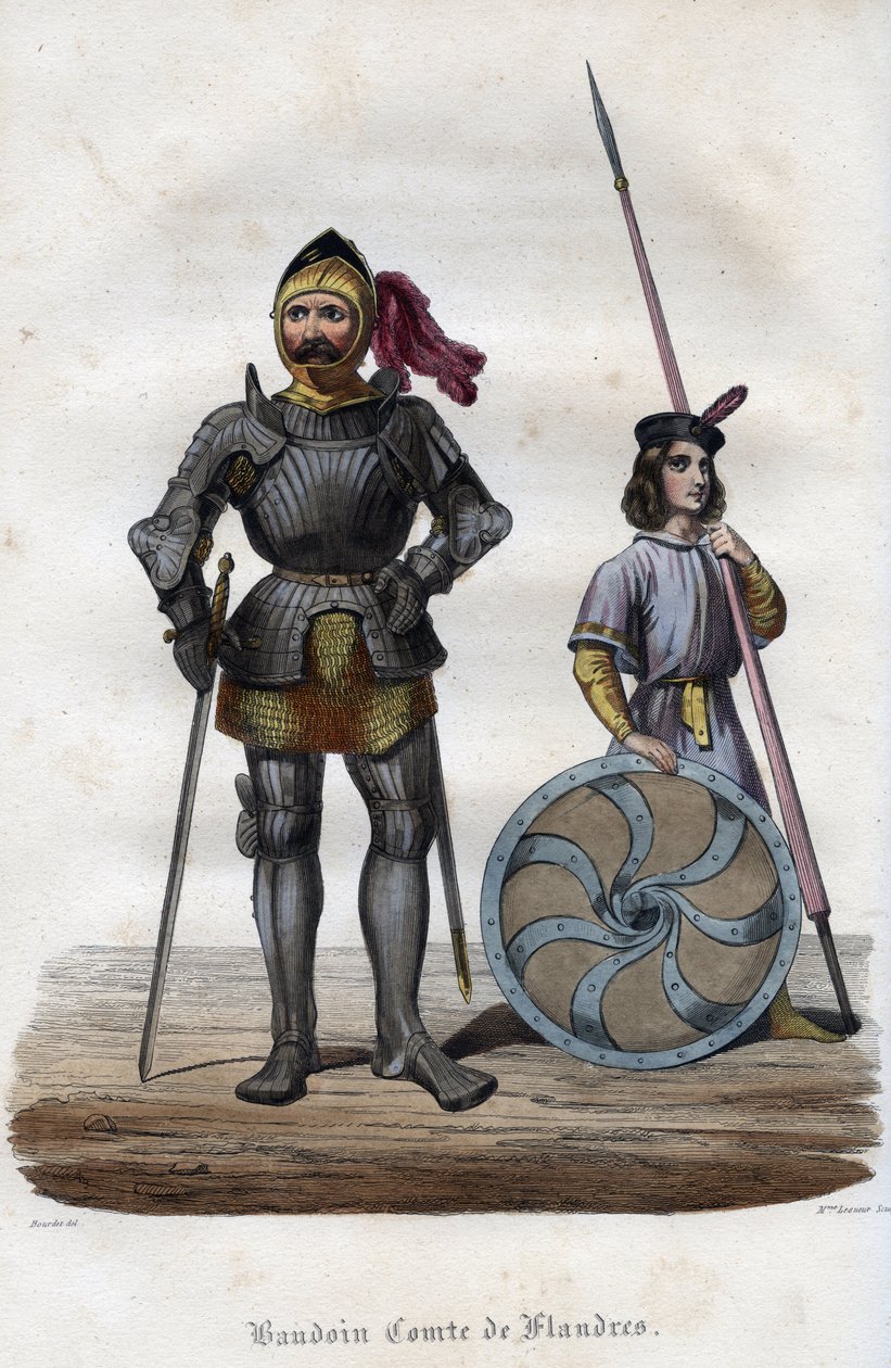Portret Baldwina I, hrabiego Flandrii (830s-879), znanego również jako Baldwin Iron Arm. (Baudouin I, hrabia Flandrii, znany również jako Żelazne Staniki lub Dobry). Rycina z 1842 roku w „Histoire des Popes” Maurice