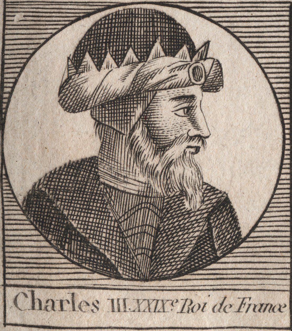 Portret Karola III z napisem Prosty (879-929) król Franków - KAROL III (879-929) - Karol Prosty - Król Francji, 893-923 - rycina z „Instruction sur l