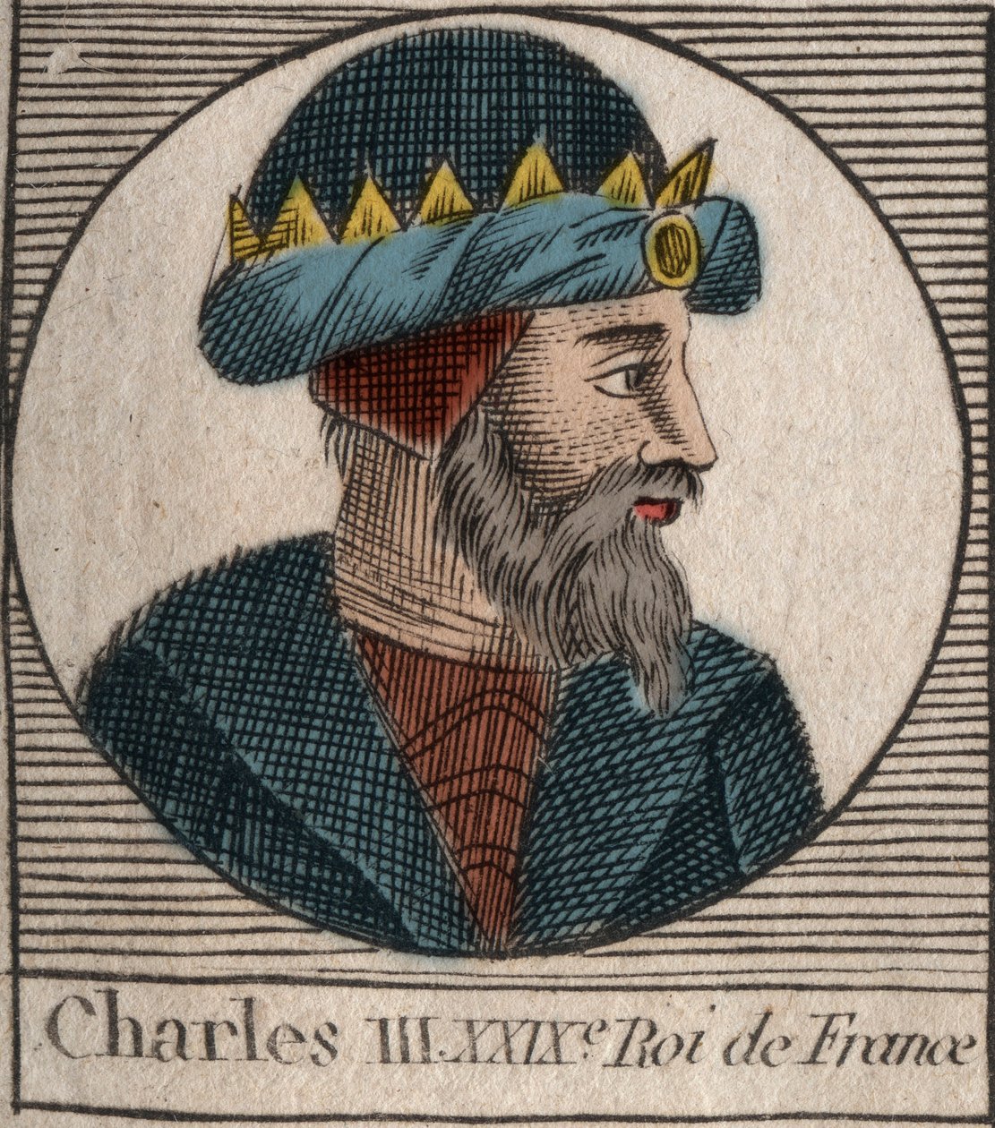 Portret Karola III z napisem Prosty (879-929) król Franków - KAROL III (879-929) - Karol Prosty - Król Francji, 893-923 - rycina z „Instruction sur l