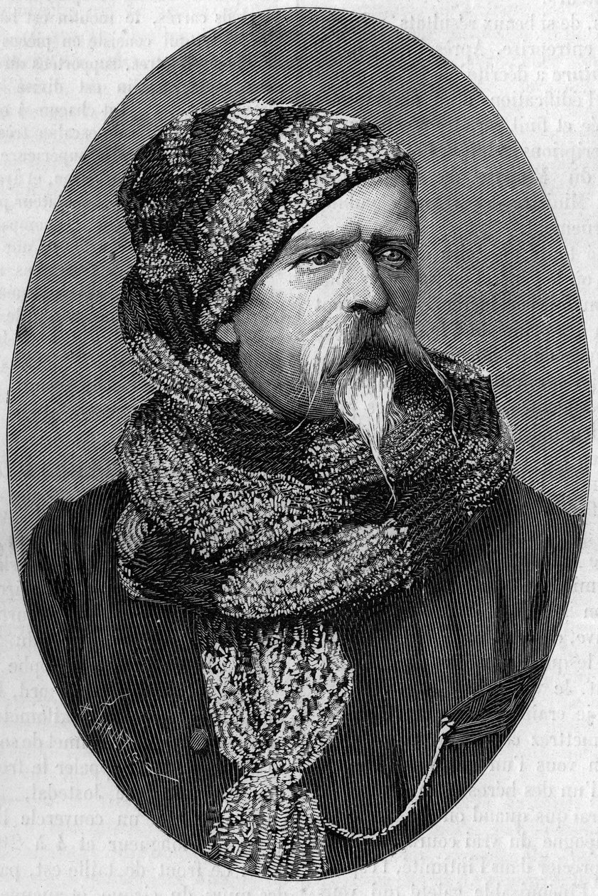 Portret Charlesa Marie Etienne, mistrza Dubois de Nansouty (1815-1895), francuskiego generała, w stroju góralskim. (Ze zdjęcia wykonanego w Bagneres de Bigorre w 1879 r.). Grawerowanie w „”Nature: przegląd nauk i ich zastosowania w sztuce i autorstwa Unknown artist