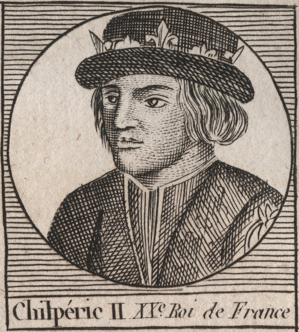 Portret Chilperika II (ok. 670 - 721), króla Neustrii - CHILPERIC II, króla Franków - grawerunek z „Instruction sur l