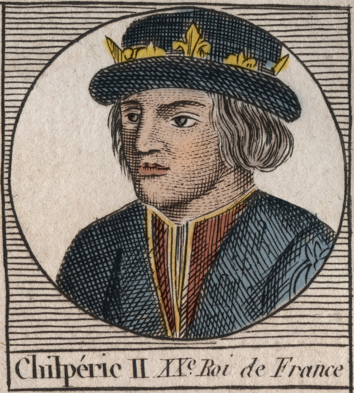 Portret Chilperika II (ok. 670 - 721), króla Neustrii - CHILPERIC II, króla Franków - grawerunek z „Instruction sur l