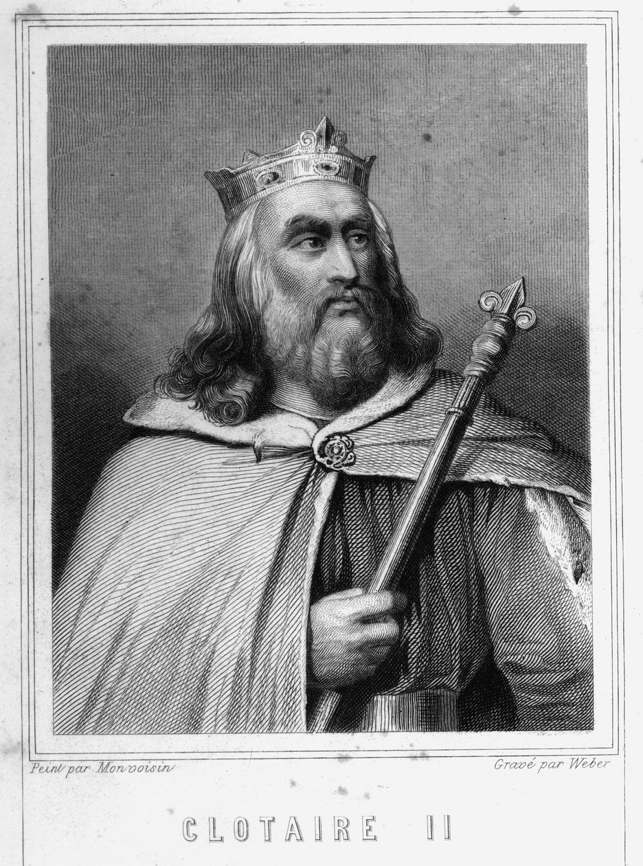 Portret Clotaire (Clothaire) II (584 - 628), króla Neustrii i króla franków - w „Histoire des Français” Lavallée, rycina, sd. autorstwa Unknown artist