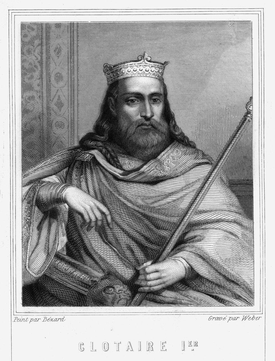 Portret Clotaire (Clothaire) I (497 - 561), króla Neustrii i króla franków - w „Histoire des Français” Lavallée, rycina, sd. autorstwa Unknown artist