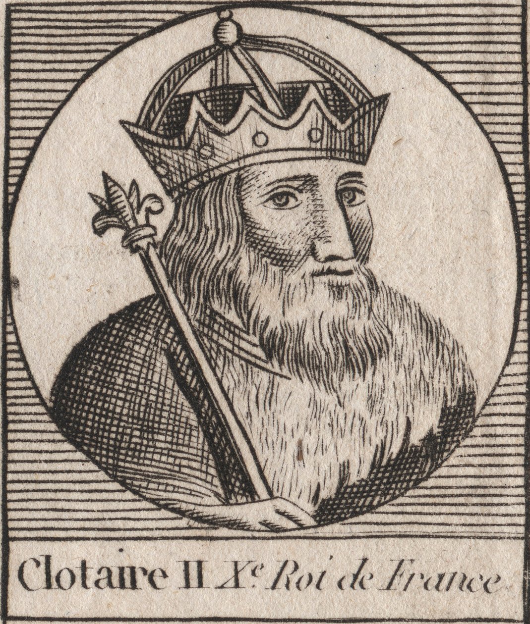 Portret Chlotara II (584 - 628), Króla Neustrii i Króla Franków - Chlotara lub Chlotara II (zm. 629) Król Franków - rycina z „Instruction sur l