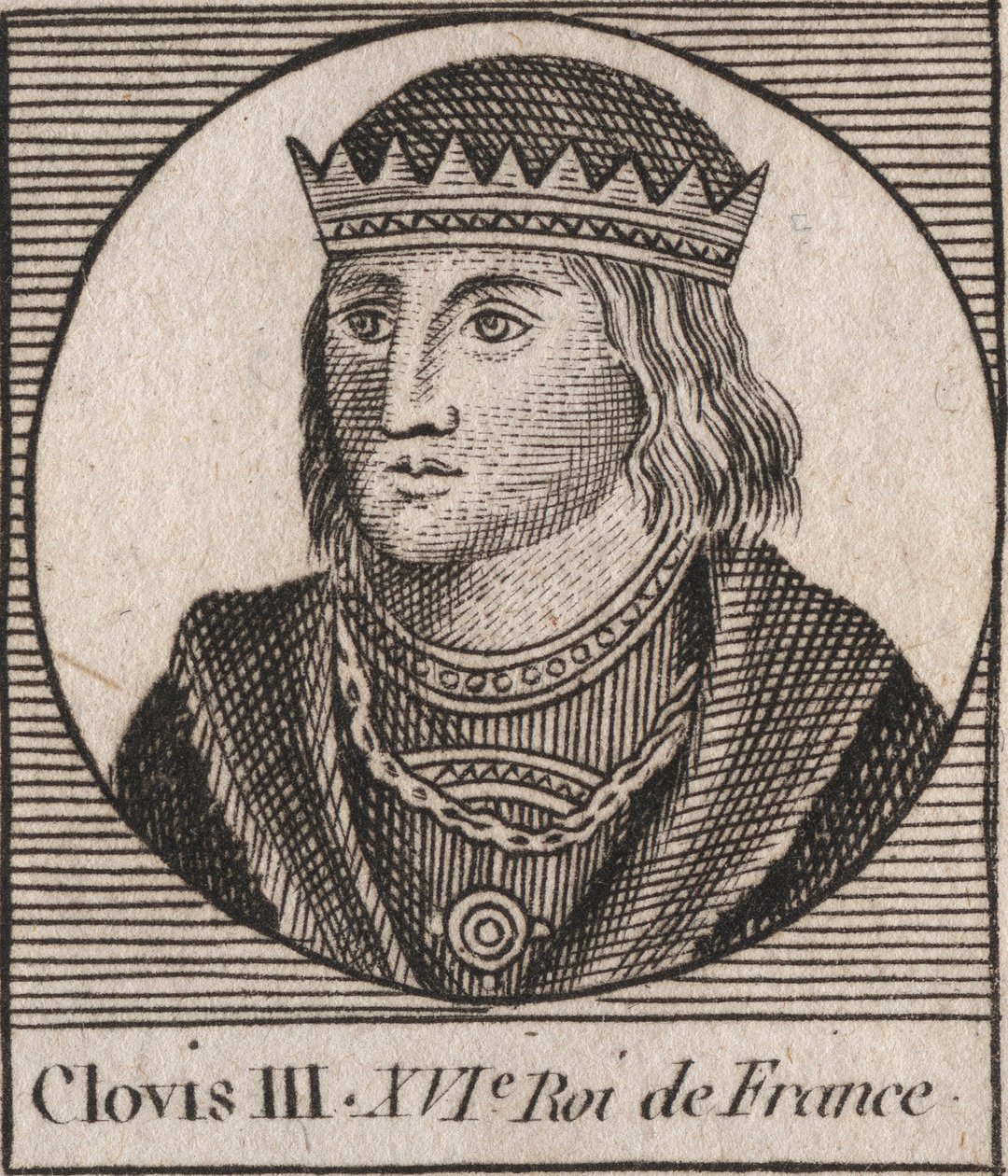 Portret Clovisa III, króla franków od 691 do 695 - CLOVIS III Merowingów, króla Neustrii i Austrazji - rycina z „Instruction sur l