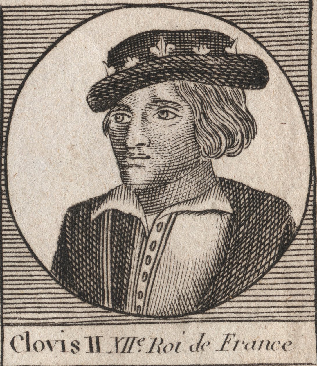 Portret Chlodwiga II, króla franków (v.633-657) - Chlodwiga II (c.634-657), króla Franków Merowingów w Neustrii i Burgundii (639-657) - rycina z „”Instruction sur l