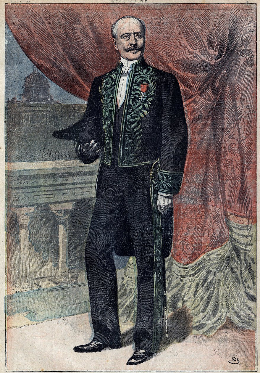 Portret hrabiego Alberta de Muna (1841-1914), francuskiego polityka, eseisty i wojskowego, gdy wstąpił do Akademii Francuskiej 10 marca 1898 r. Ilustracja w „Le Pelerin” z 20 marca autorstwa Unknown artist