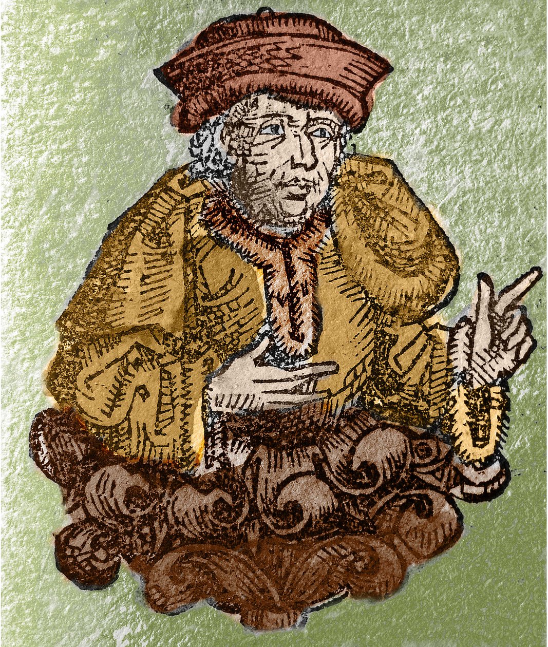 Portret Demostenesa, w starożytnej Grecji Demostenes (Athenes -384 - Calaurie -322), jednego z wielkich starożytnych mówców, grawer ateńskiego polityka w „Liber chronicarum mundi” (Kronika norymberska) autorstwa Hartmanna Schedla. (Norymberga autorstwa Unknown artist