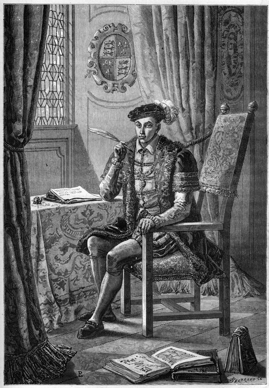 Portret Edwarda VI (1537-53) - Portret króla Anglii i Irlandii Edwarda VI (1537-1553) piszącego swój pamiętnik - grawerowanie w „L’Histoire d’Angleterre, partir les temps plus loins” Francois Guizot 1877 autorstwa Unknown artist