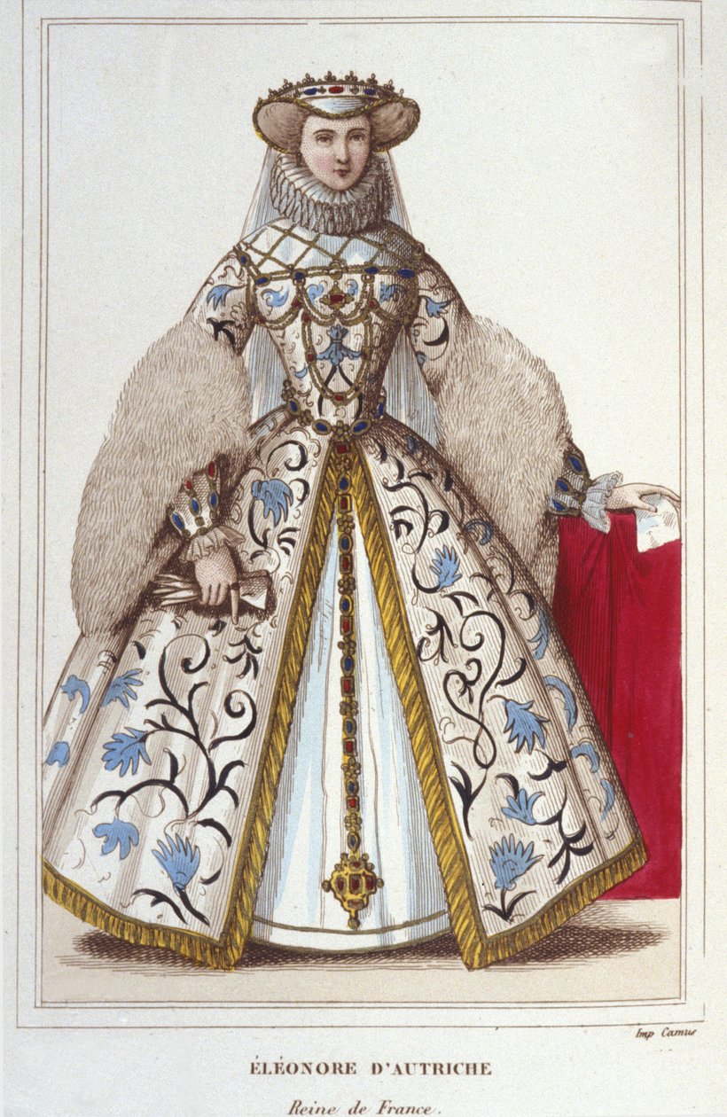 Portret Eleonory Habsburgów (lub Austrii) (1498-1558). Archiksiężna Austrii, królowa Portugalii, a następnie królowa Francji, druga żona Franciszka I. rycina z 1830 r. autorstwa Unknown artist