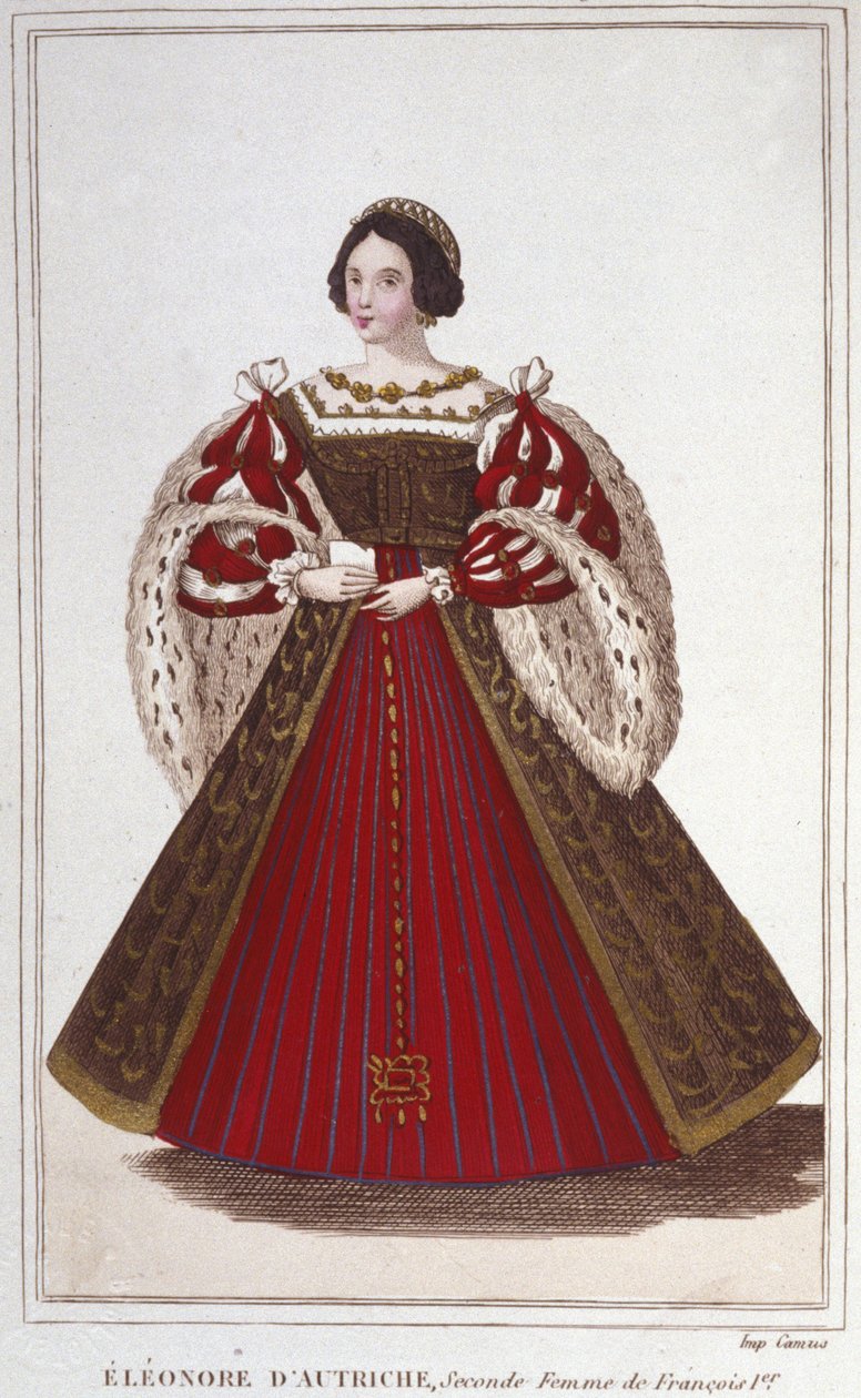 Portret Eleonory Habsburgów (lub Austrii) (1498-1558). Archiksiężna Austrii, królowa Portugalii, a następnie królowa Francji, druga żona Franciszka I. rycina z 1830 r. autorstwa Unknown artist
