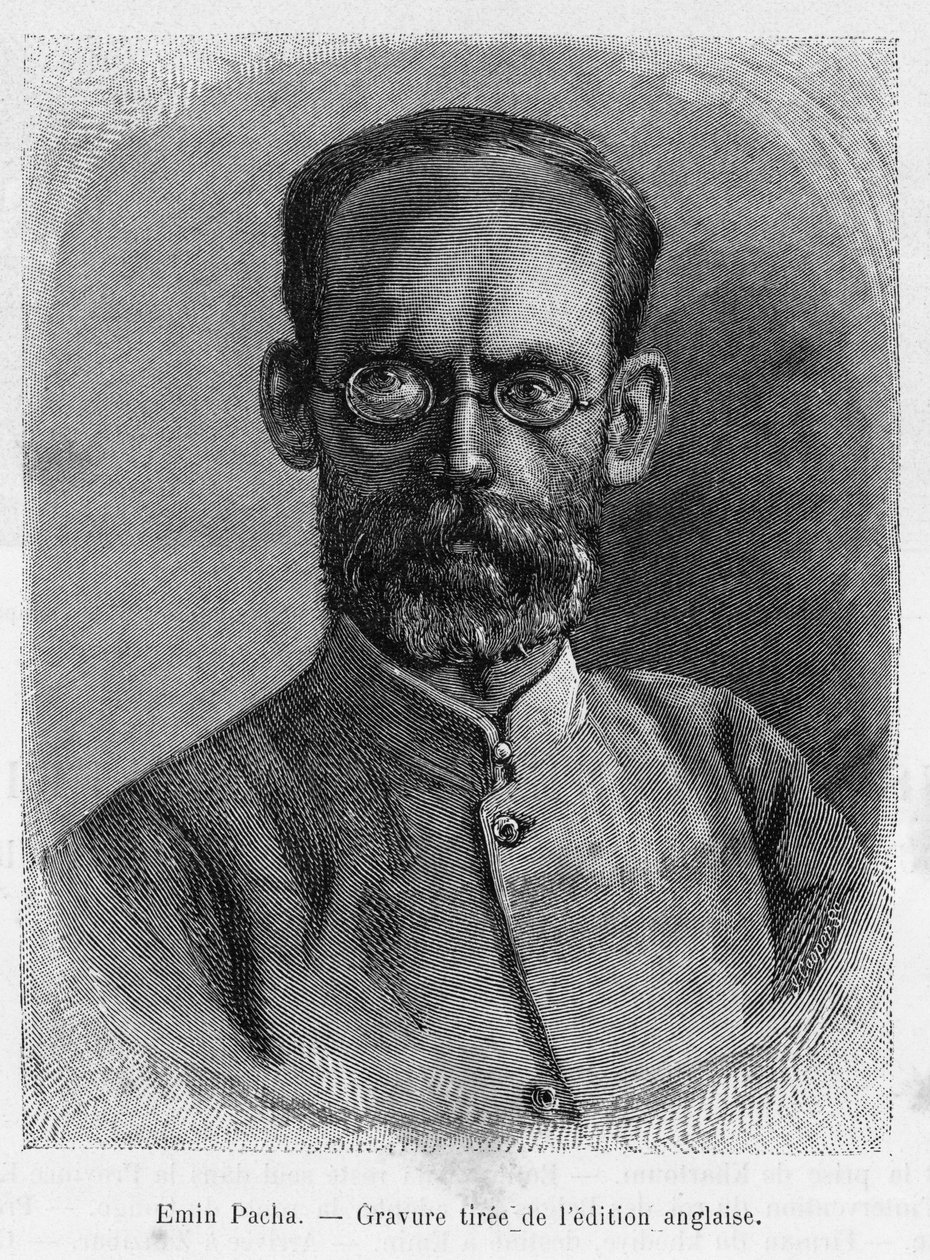 Portret Emina Paszy (Isaak Eduard Schnitzer 1840-1892), lekarza, przyrodnika, badacza i gubernatora egipskiej prowincji Equatoria. Grawerowanie, aby zilustrować historię Dans les shadbres de l