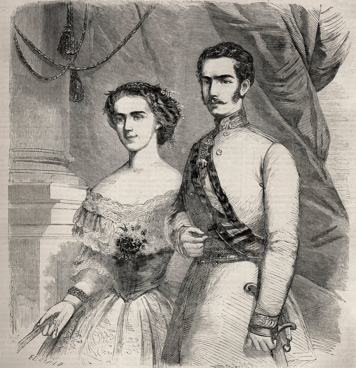 Portret cesarza Franciszka Józefa (Francois Joseph) I Austrii (1830-1916) i jego żony Elżbiety z Wittelsbach (1837-1898) (sissi). Grawer w „Le Monde illustrious” z 1857 r. Ze zbiorów prywatnych. autorstwa Unknown artist