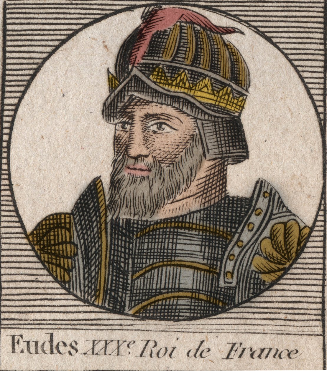 Portret Eudes (Odon) (w. 860 - 898), hrabiego Paryża i Troyes, następnie króla Francji - EUDES hrabiego Paryża wybrany na tron francuski po obaleniu Karola Cesarza - rycina z „Instruction sur l